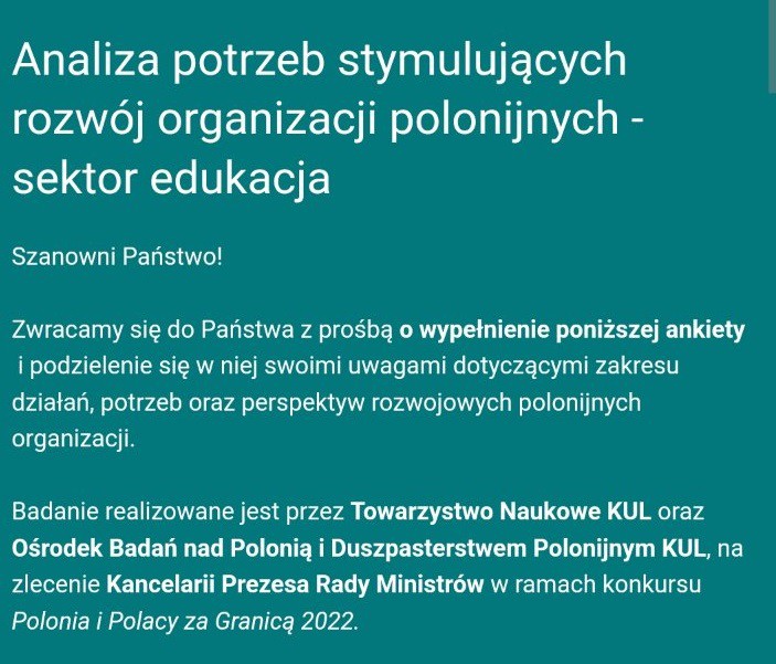 Ośrodek Badań nad Polonią i Duszpasterstwem Polonijnym zapraszają wszystkich przedstawicieli organizacji polskich w Ukrainie do /